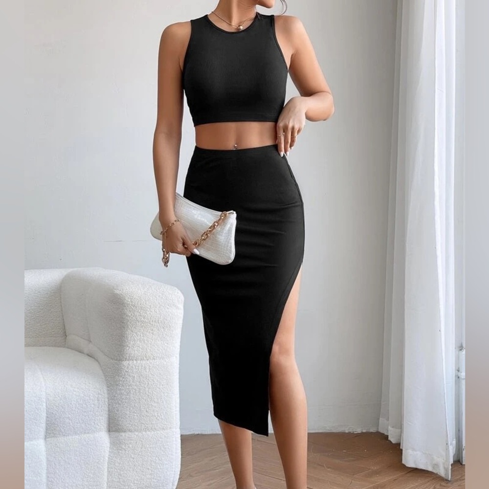 Ribbed Crop Tank Top & Split Thigh Two Piece Bodycon Set Skirt in Black